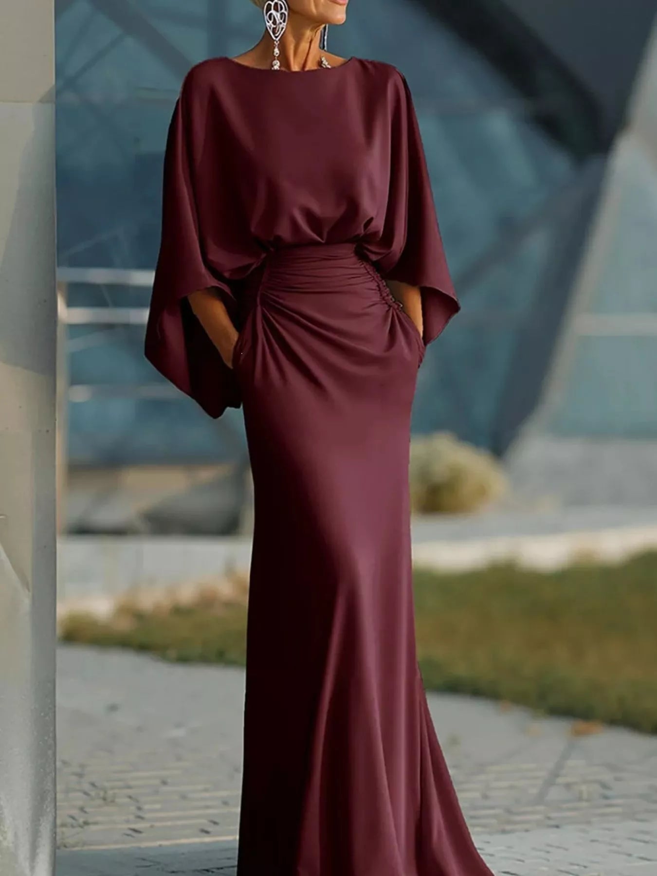 Ruched maxi dress black color styled