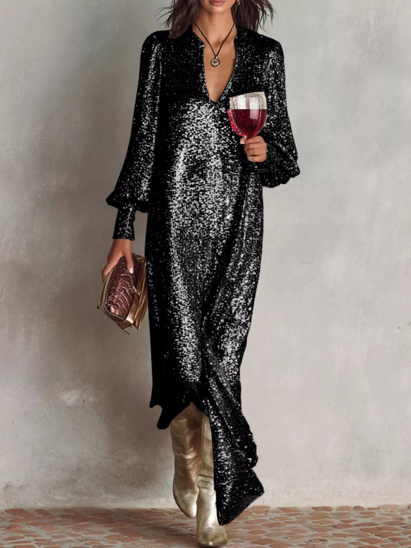 Lantern sleeve sequin gown side view