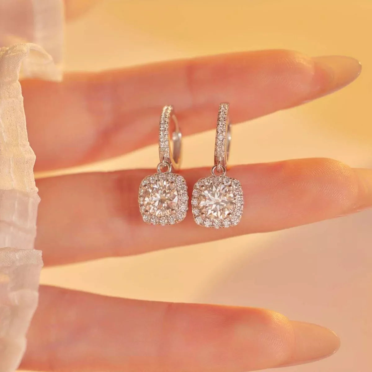 Moissanite sterling silver hoop drop earrings front view