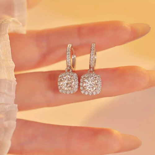 Moissanite sterling silver hoop drop earrings front view