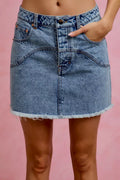 Washed denim floral mini skirt front view