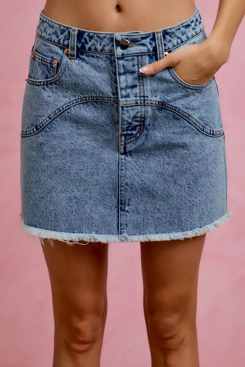 Washed denim floral mini skirt front view
