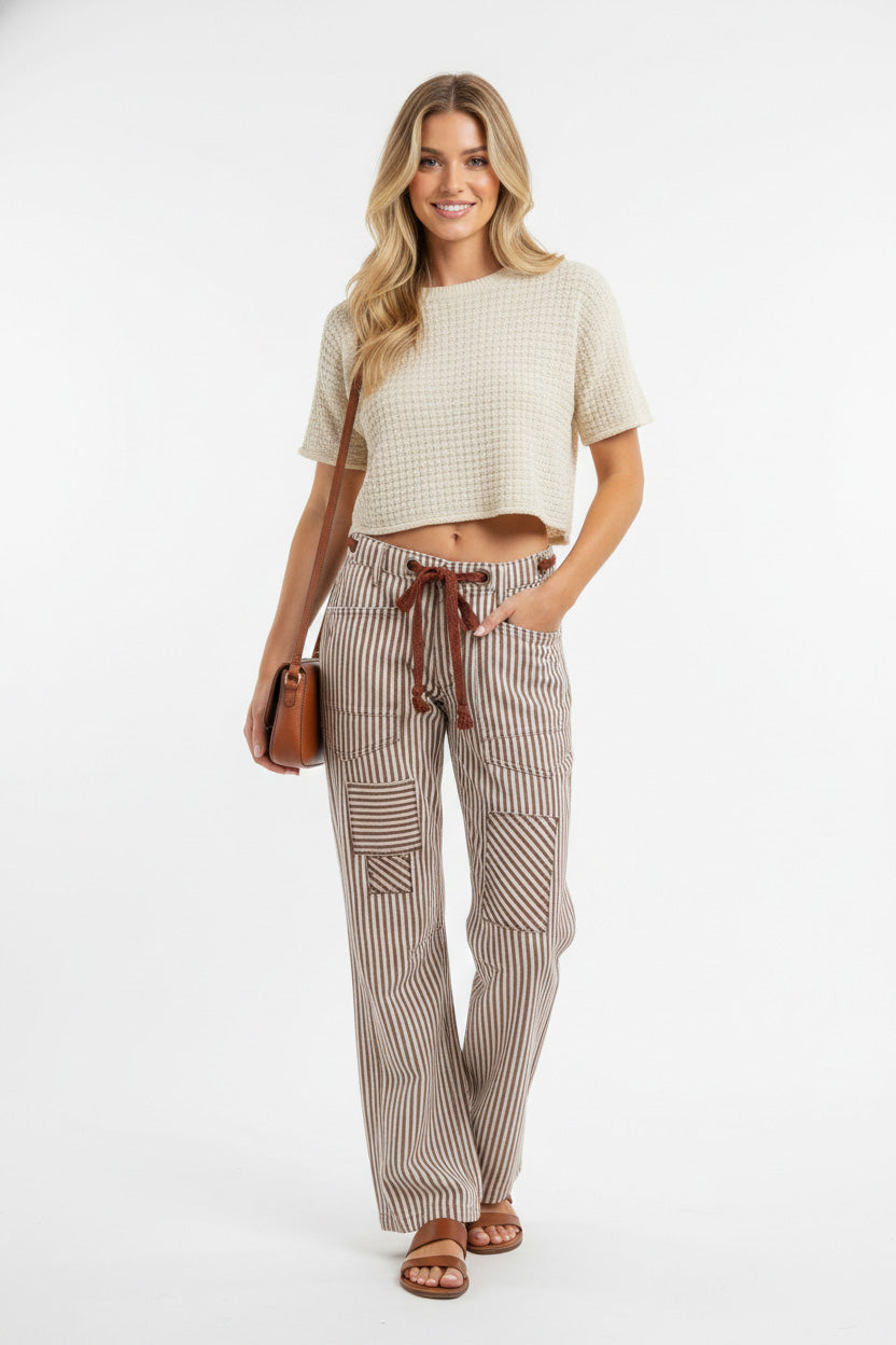 Mocha brown barrel pants side profile showing rounded leg