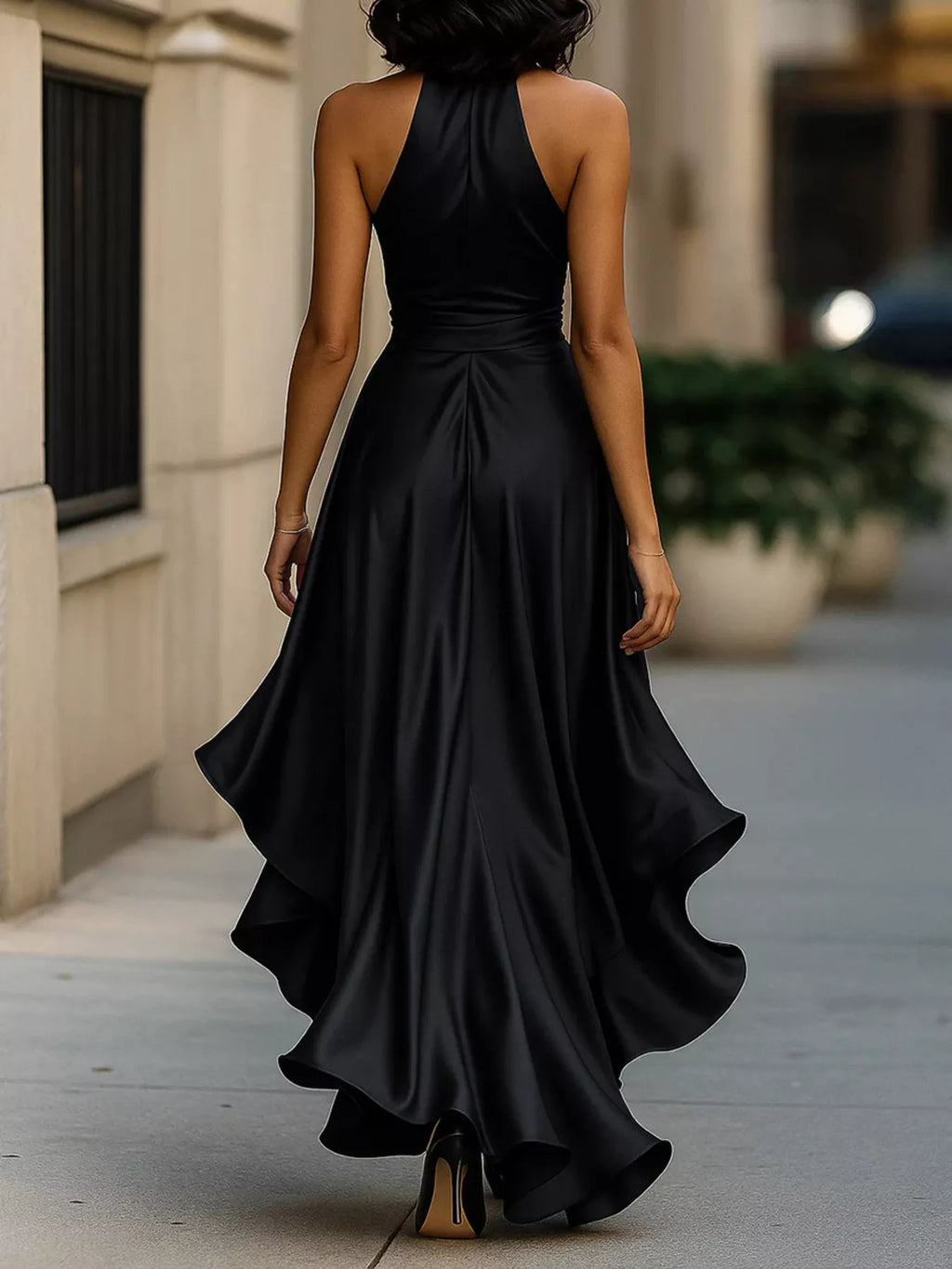 Ruffle halter maxi dress hem detail