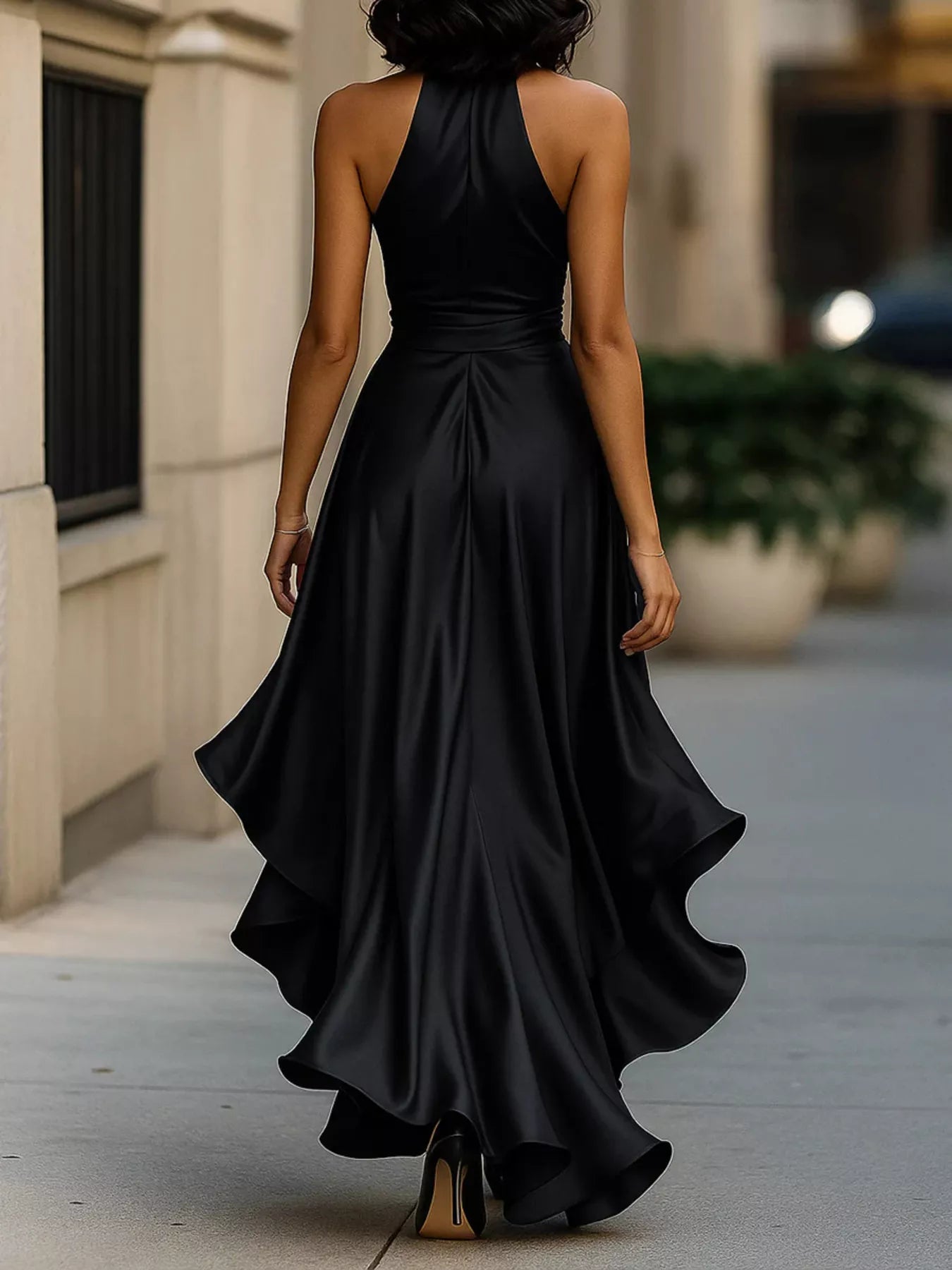 Ruffle halter maxi dress hem detail