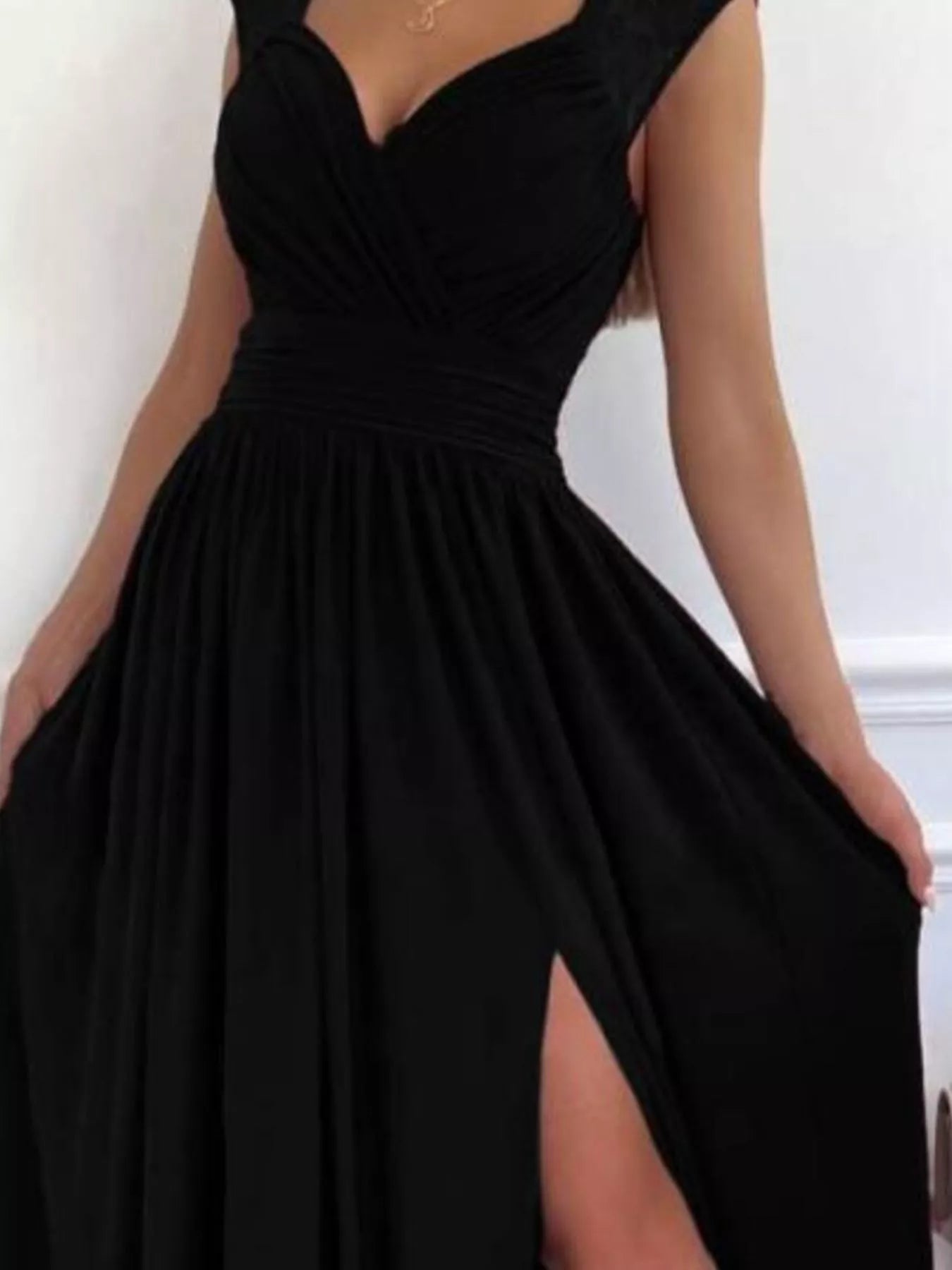 High slit lace maxi dress complete outfit view