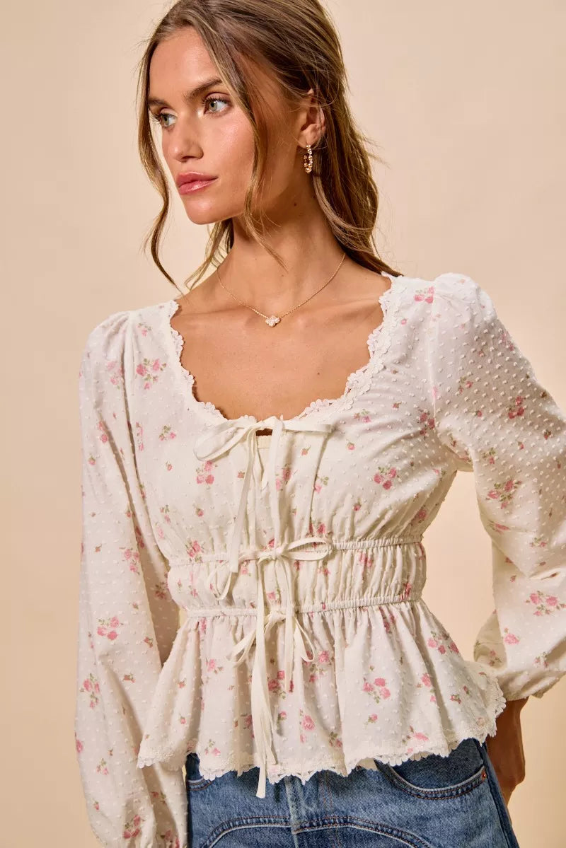 Floral blouse neckline lace detail close up