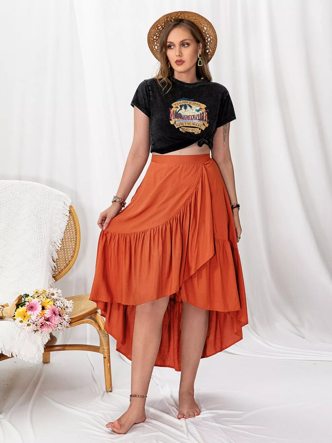 Ruched waist detail on orange plus size skirt