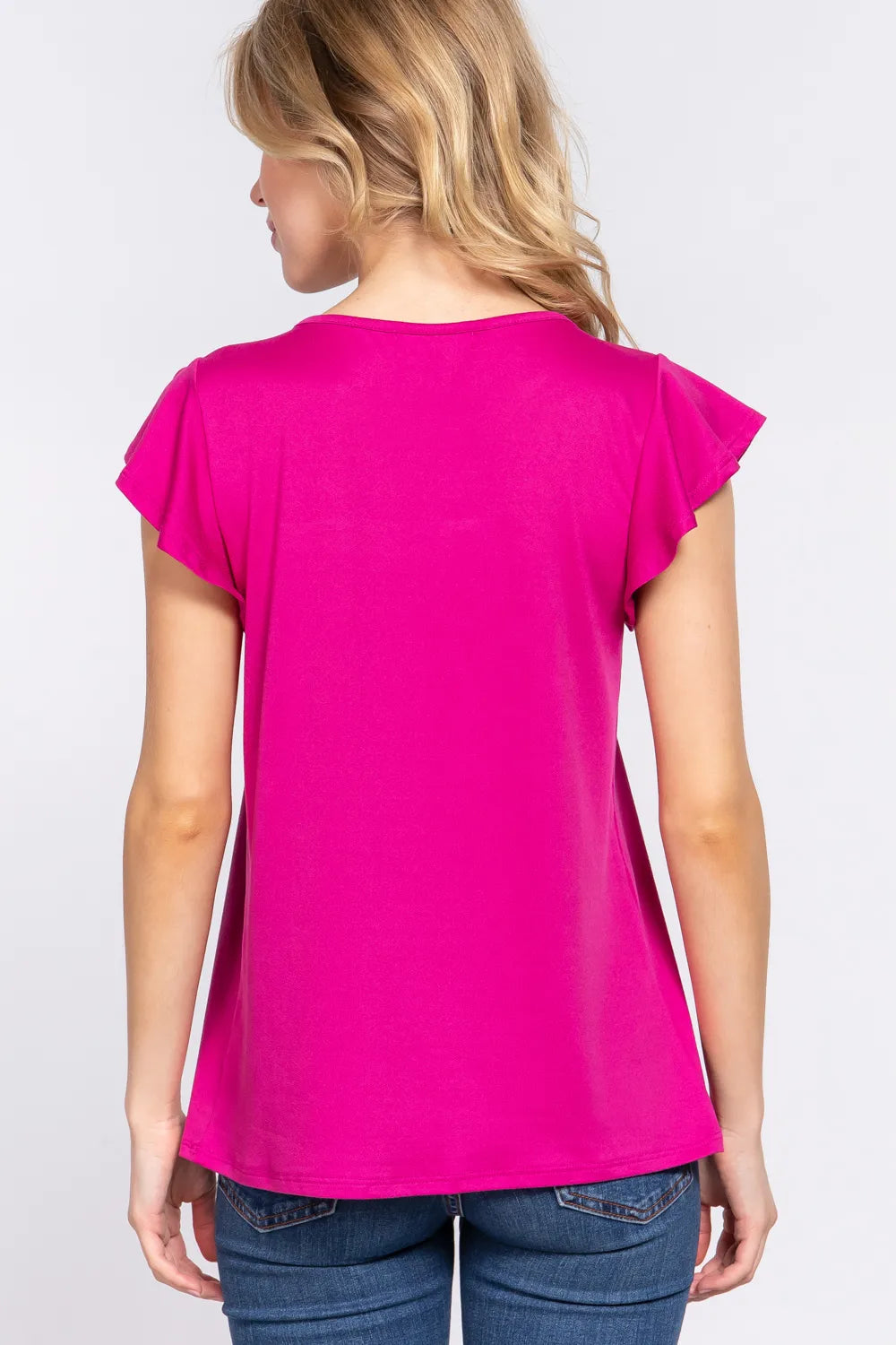 Knit top ruffle sleeve and lace detail close up