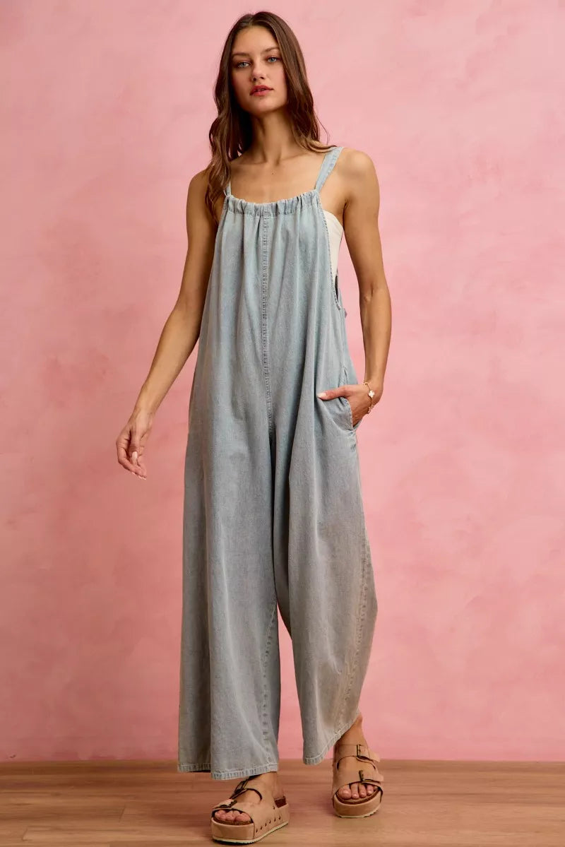 Lightweight denim overalls back view with adjustable straps