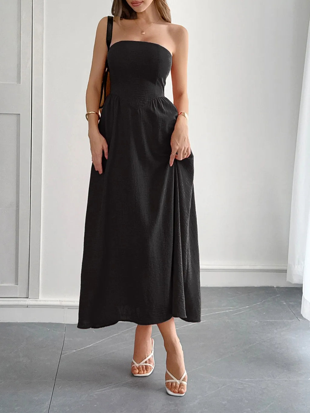 Black a line midi dress pocket detail