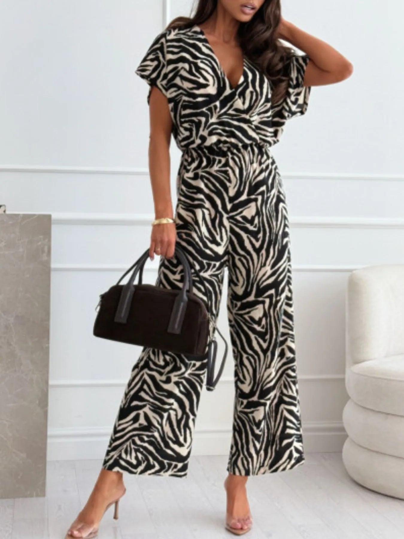 Animal print wide leg jumpsuit front view