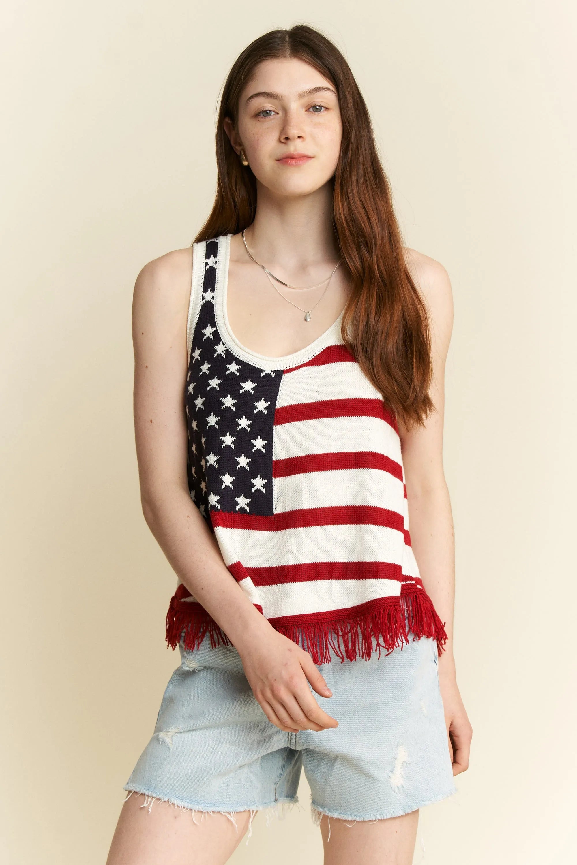 American flag fringe tank top front view