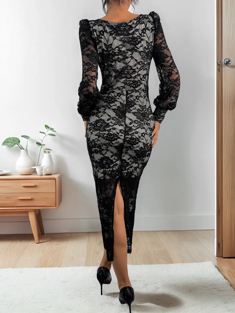 Lace midi dress on model front