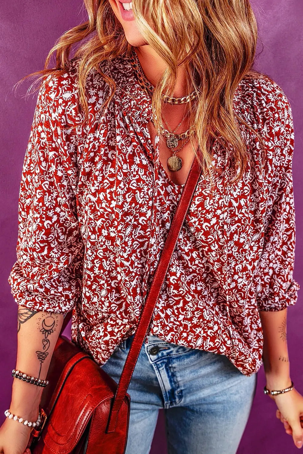 Balloon sleeve detail on printed blouse
