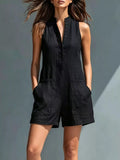 Sleeveless button front romper with pockets front view on model