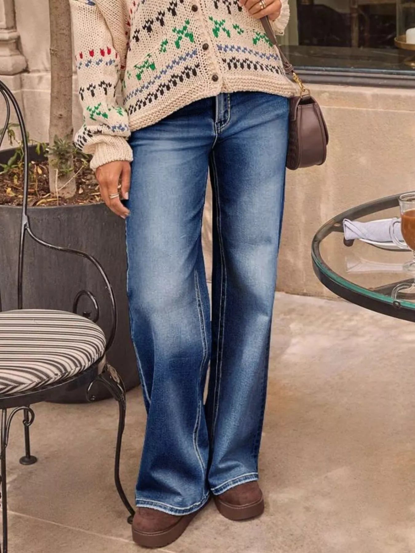 Washed wide leg jeans walking view