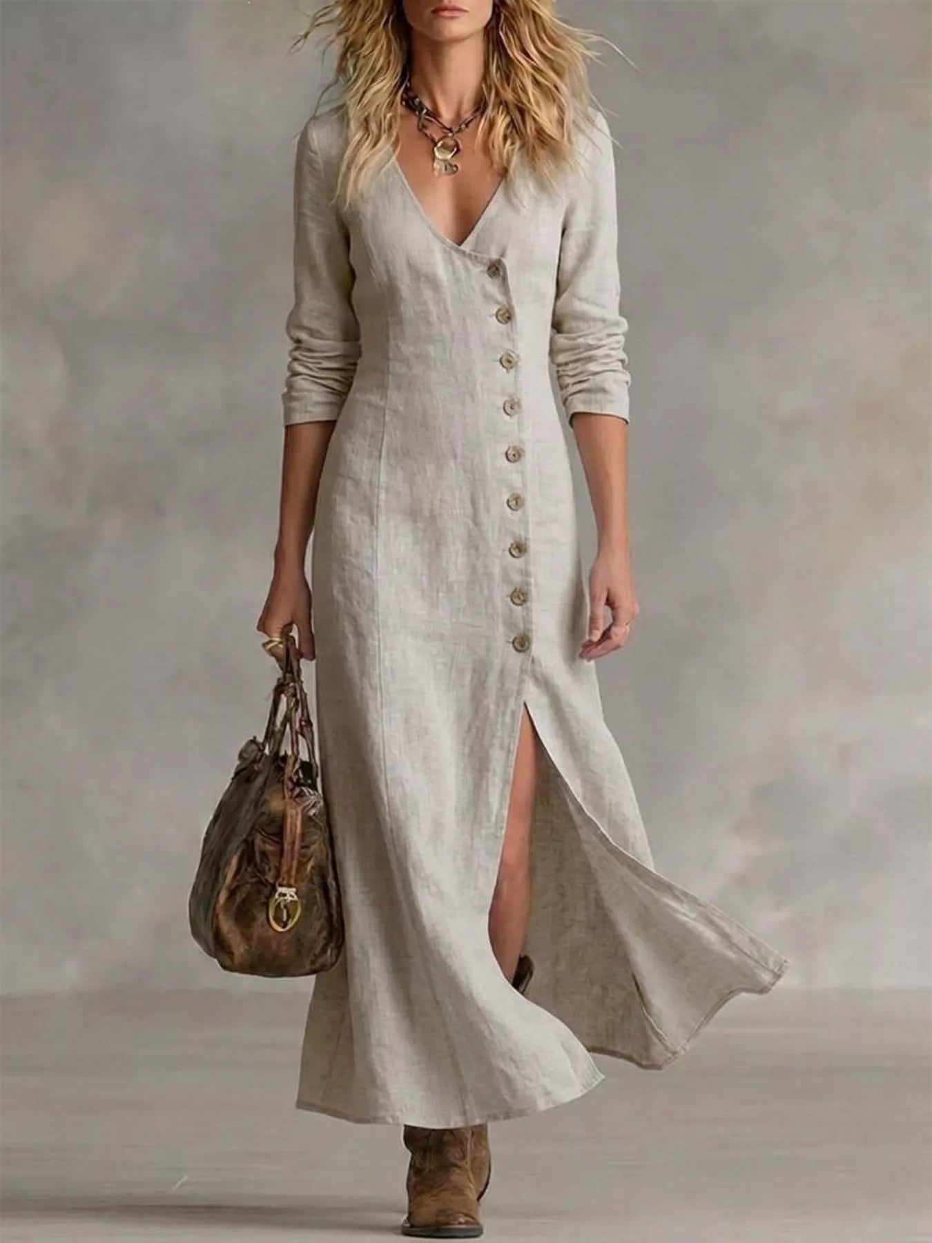 Button front maxi dress styled on model