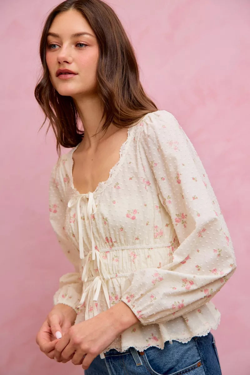 White clip dot blouse styled with skirt