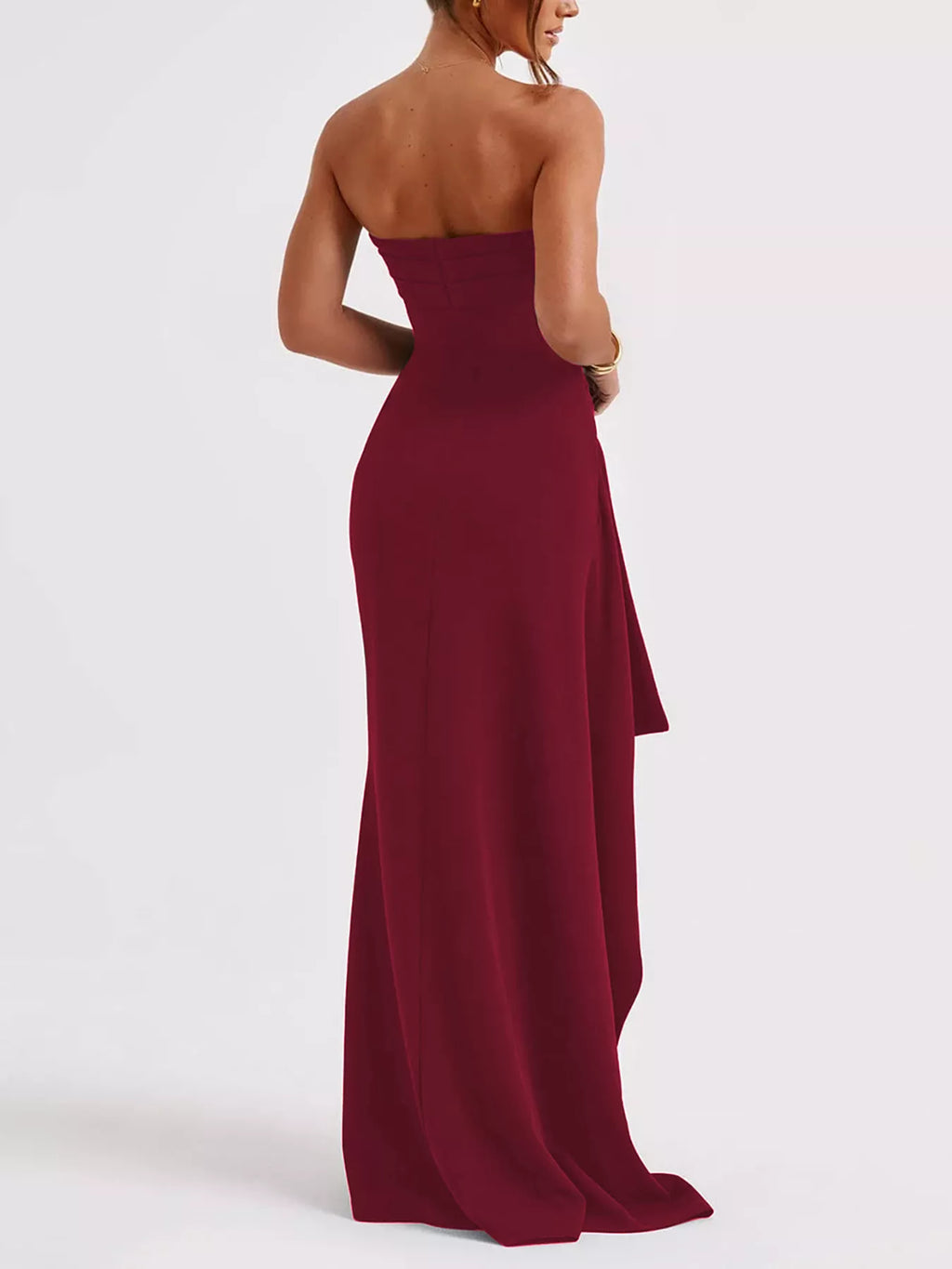 Strapless maxi dress side view showing high slit