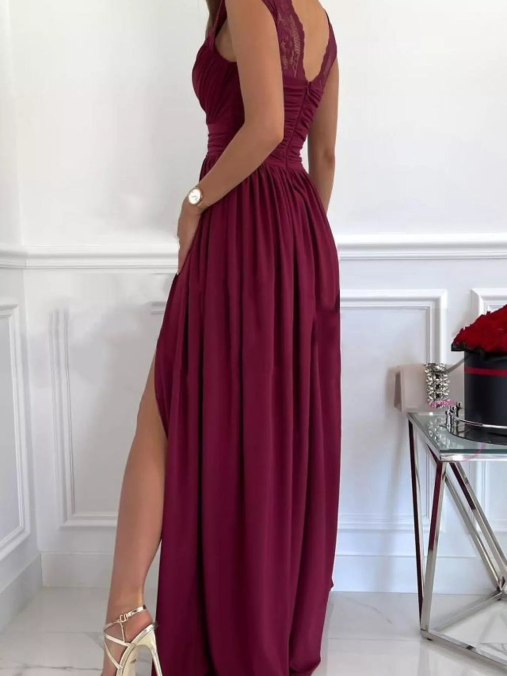 Lace maxi dress back view on model