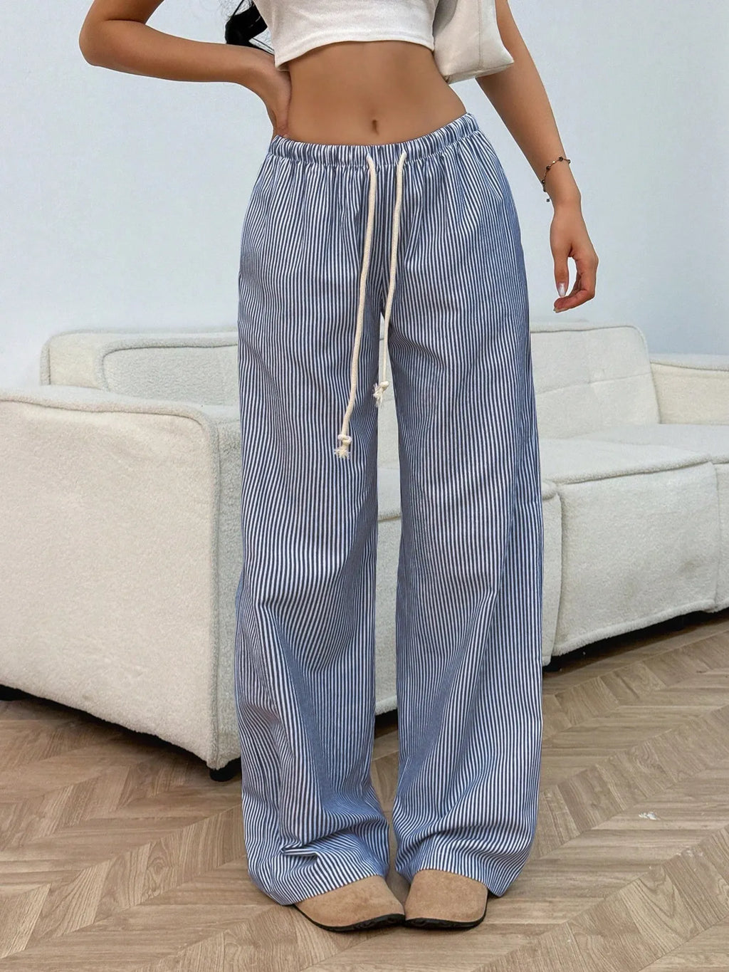 Striped wide leg pants front view
