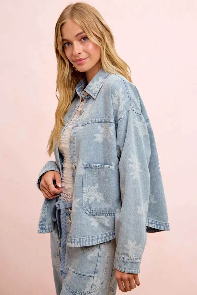 Floral print denim jacket on model front