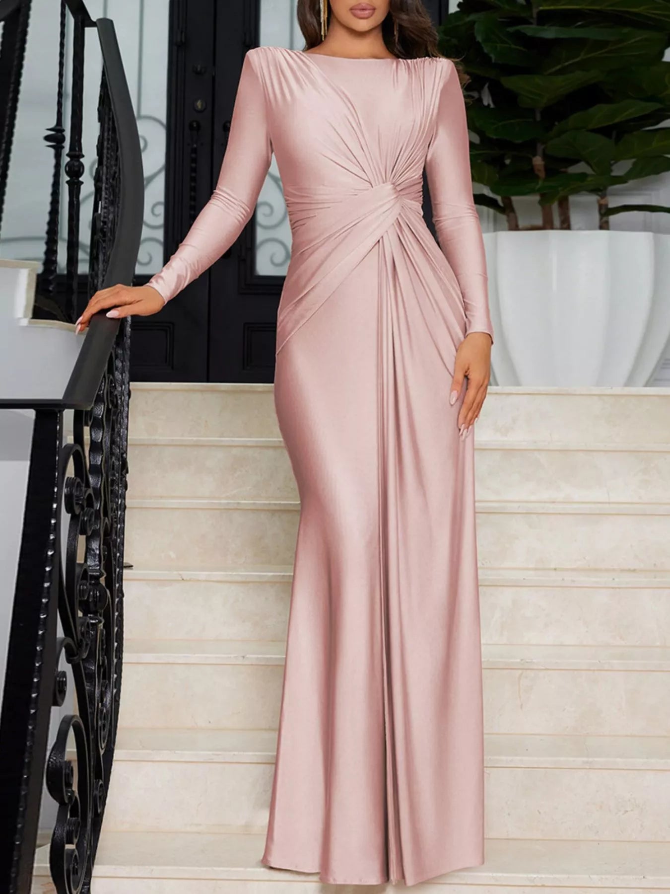 Twisted long sleeve maxi dress front view