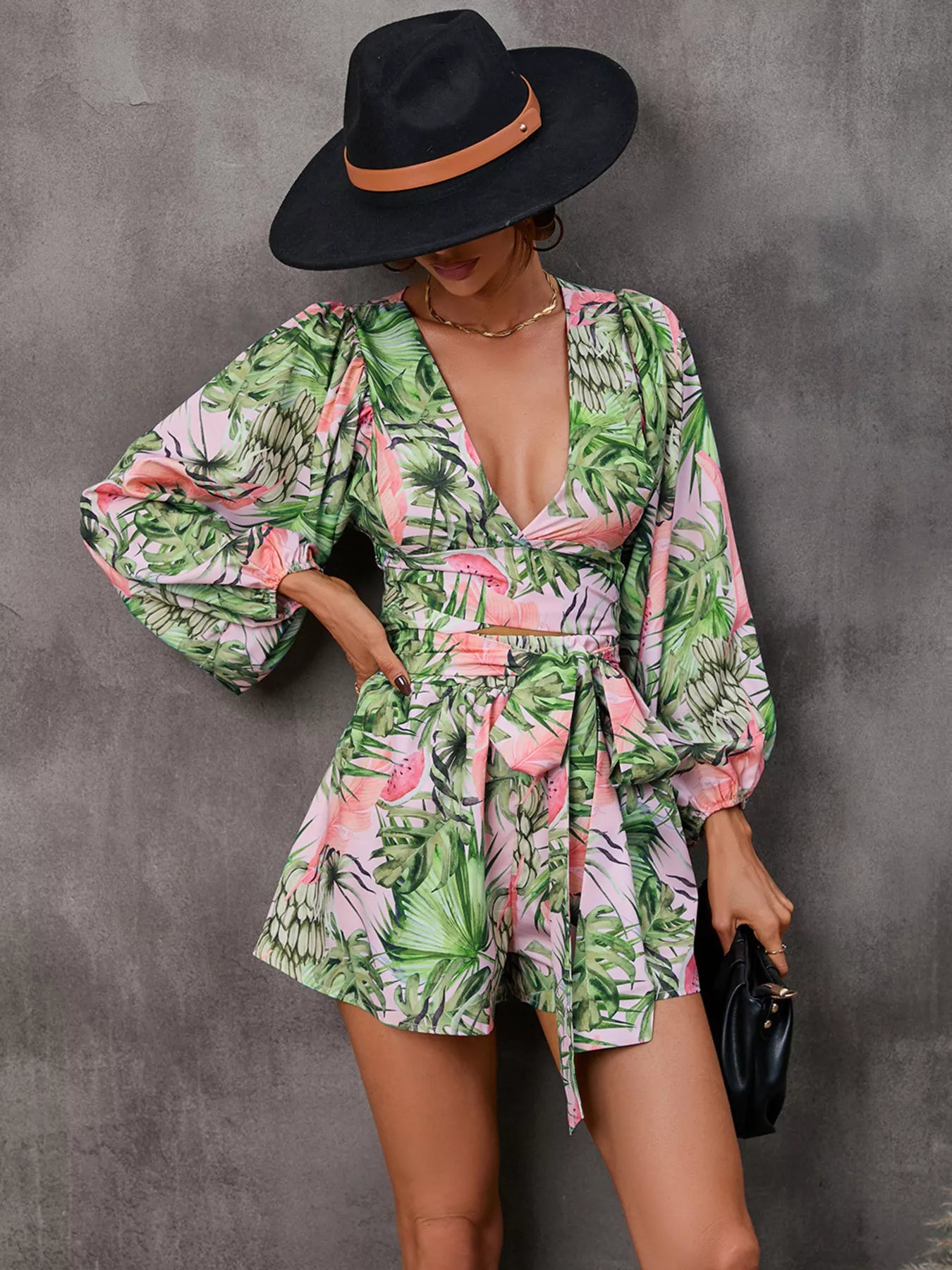 Printed romper belted waist close up detail