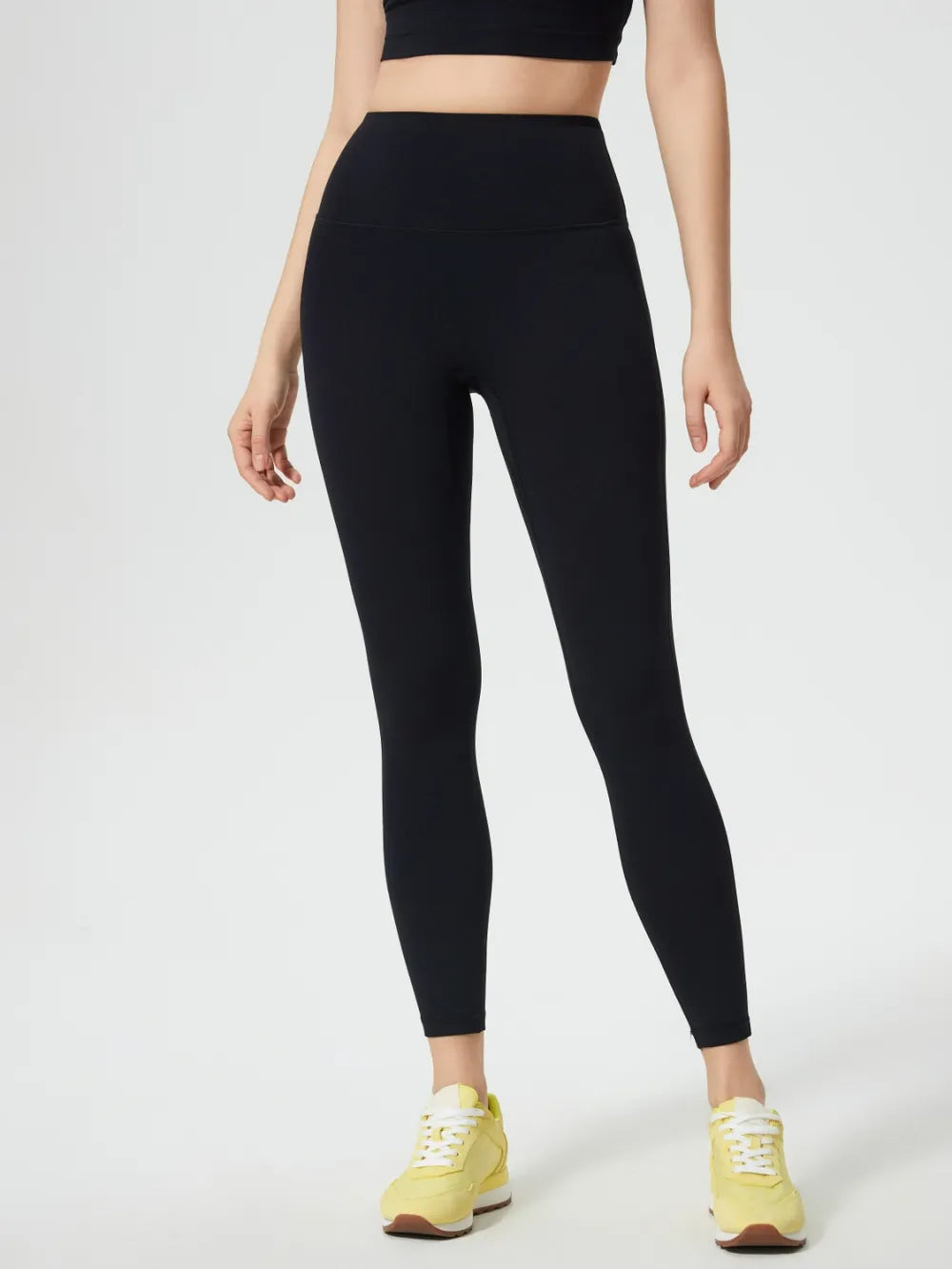 Black wide waistband active leggings front view
