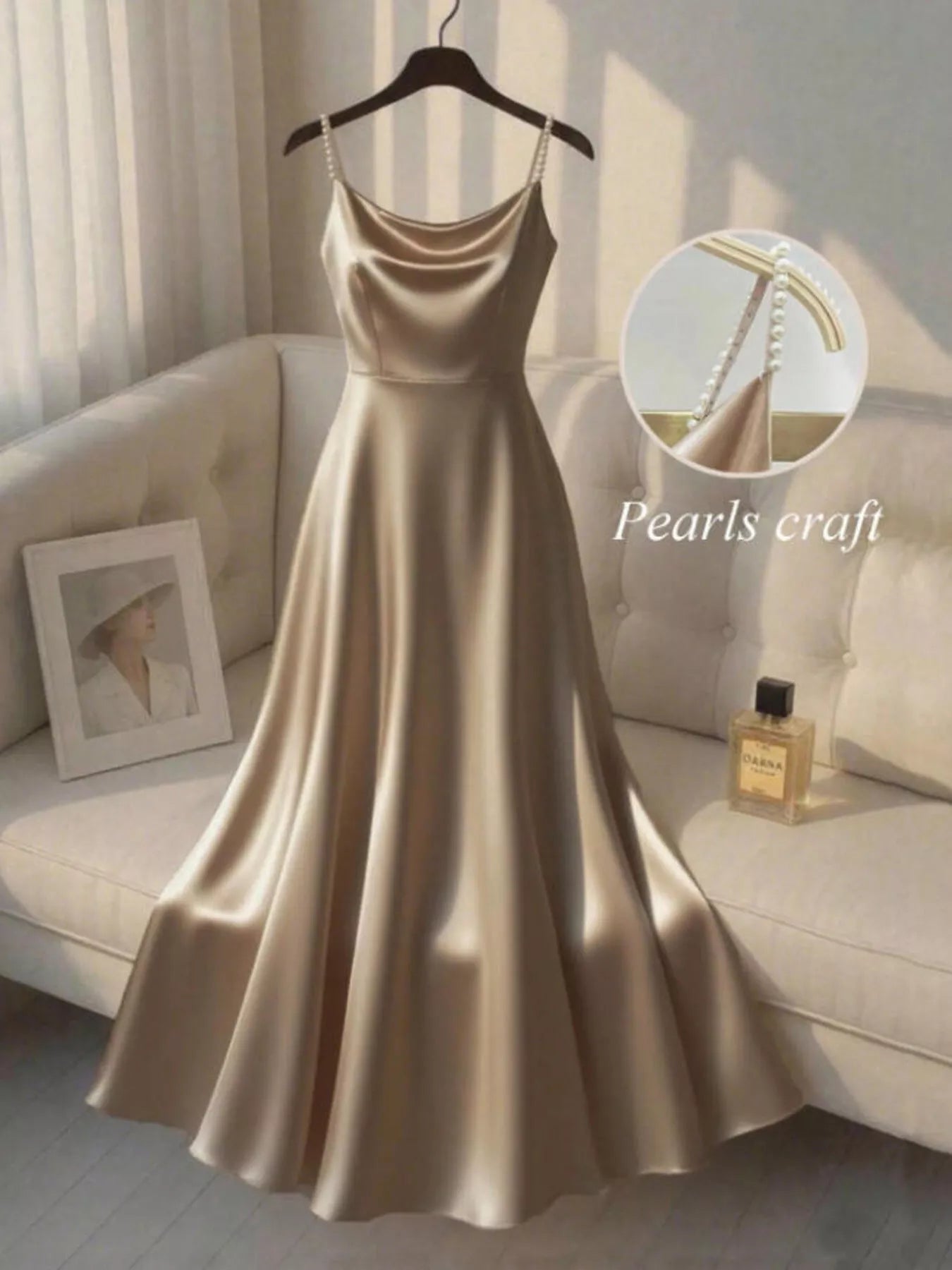 Pearl strap satin cami maxi dress in apricot front view