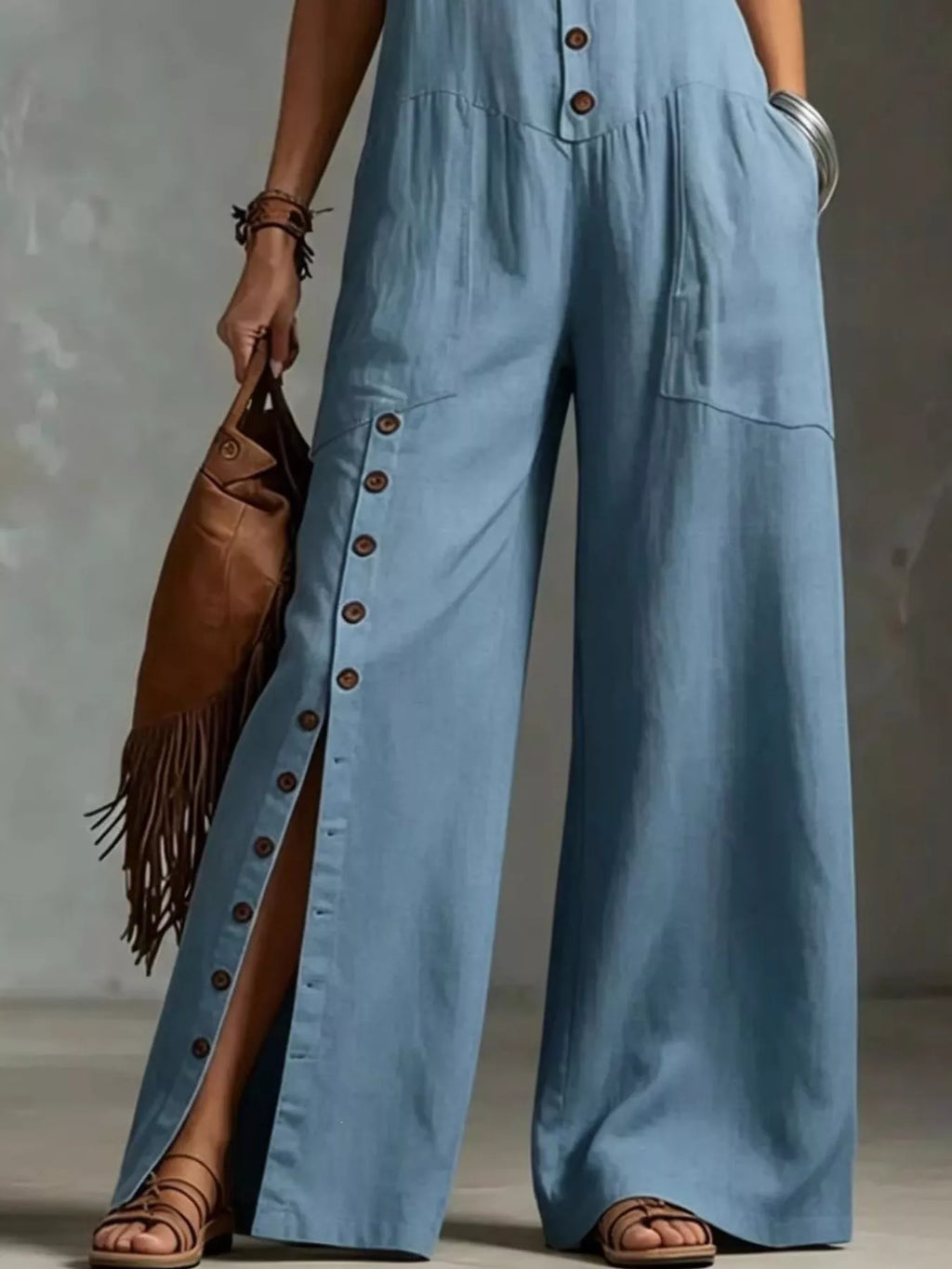 Blue wide leg jumpsuit styled full length