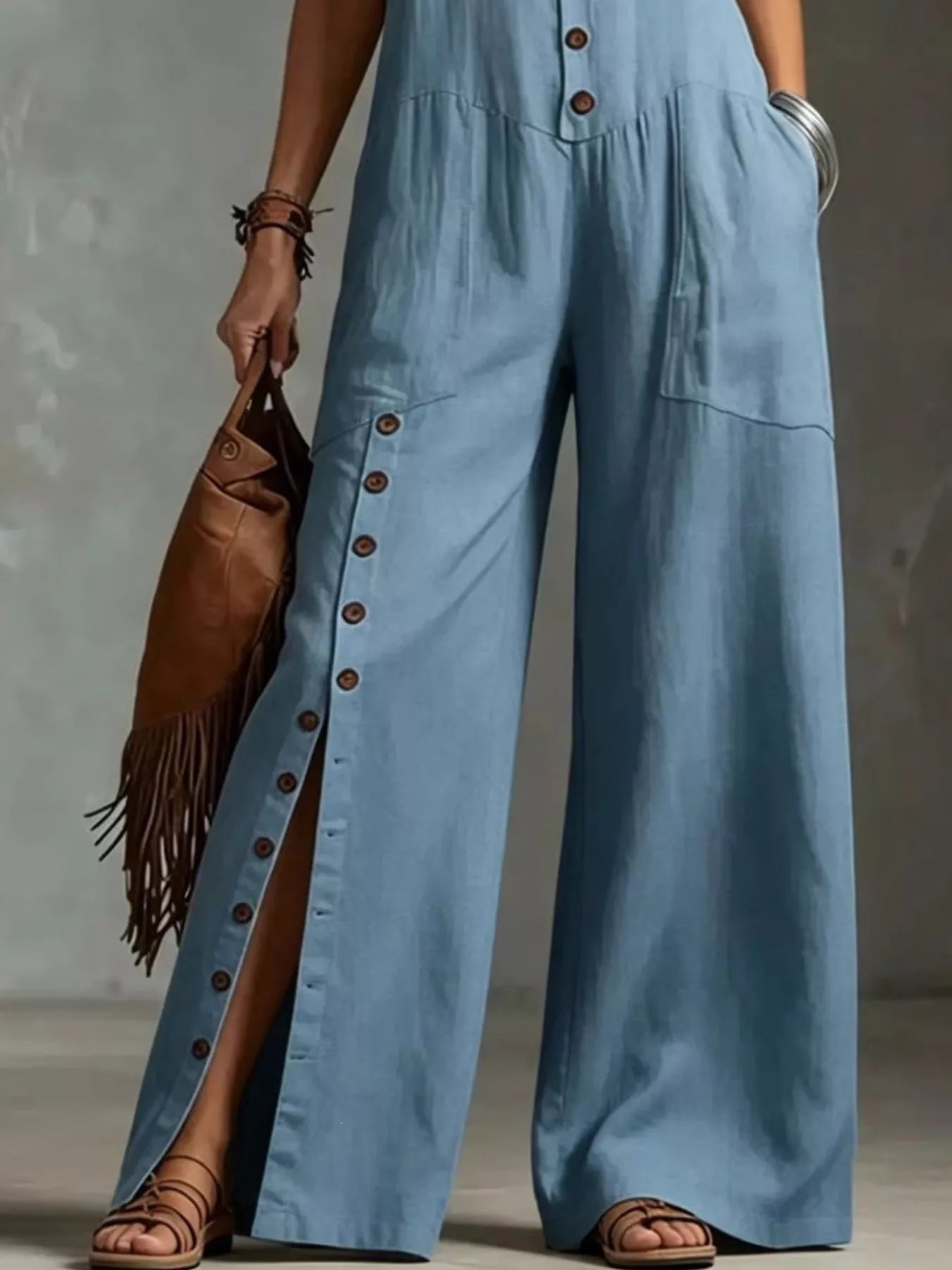 Blue wide leg jumpsuit styled full length