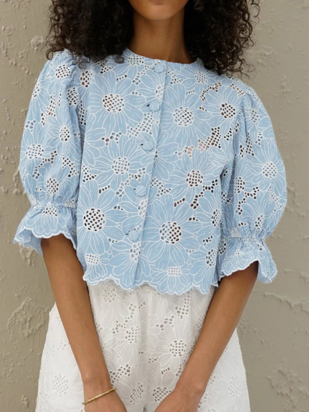 Embroidered flounce sleeve blouse front view