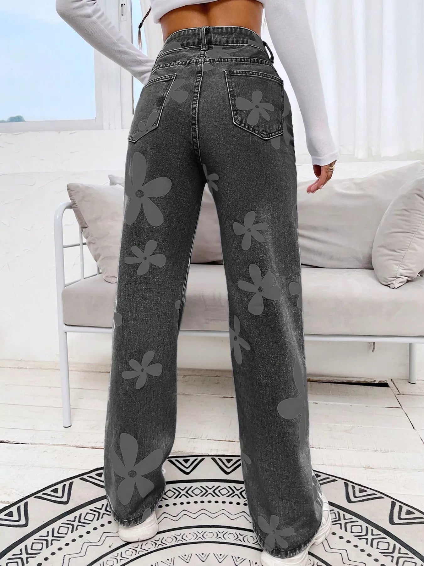 Dark blue floral jeans side view full length