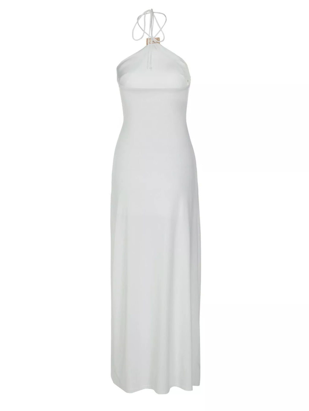 Halter neck maxi dress styled with heels