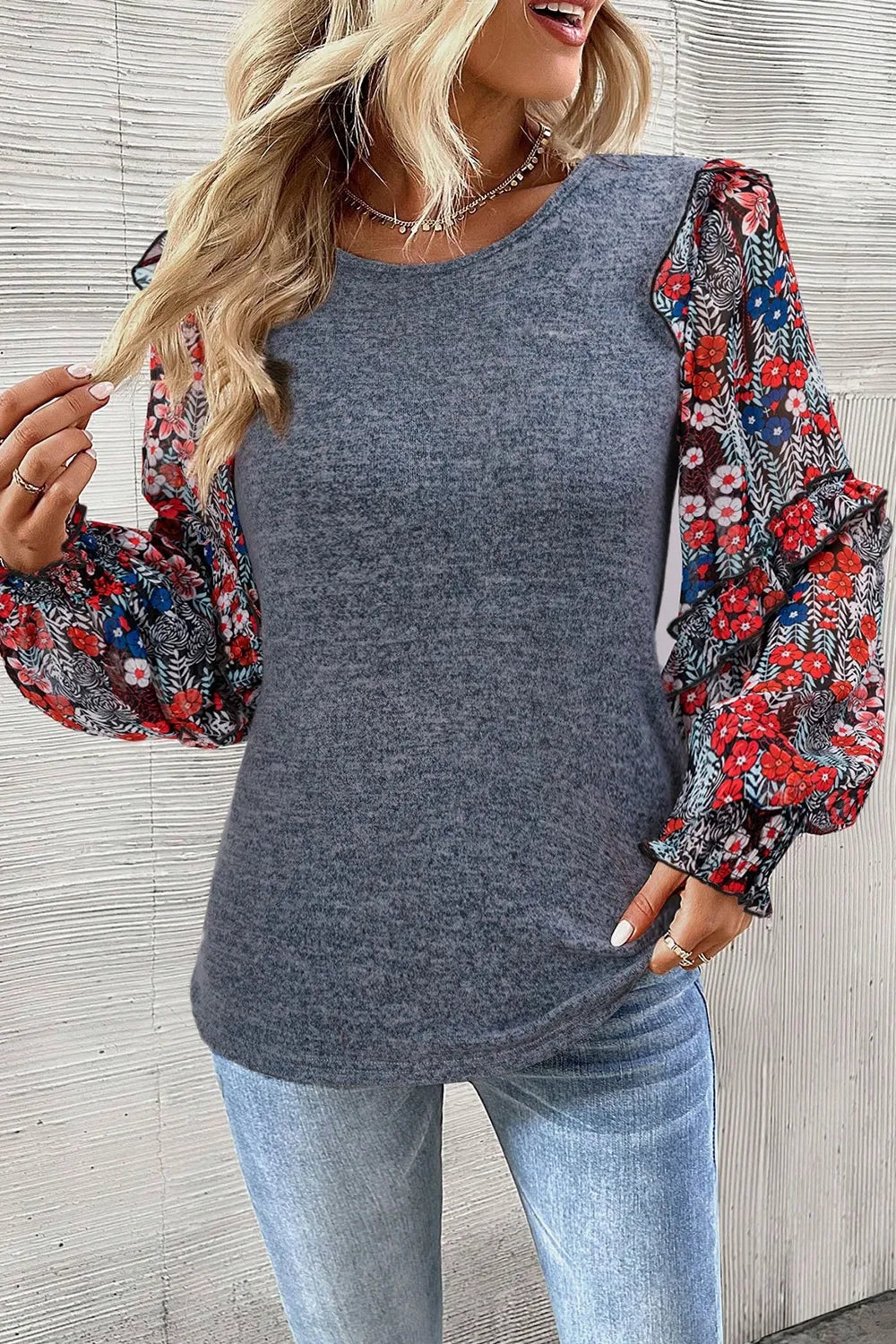 Dark gray floral lantern sleeve blouse side view