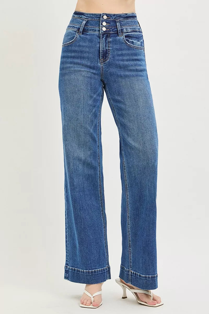 Woman wearing RISEN wide band waist jeans in dark wash