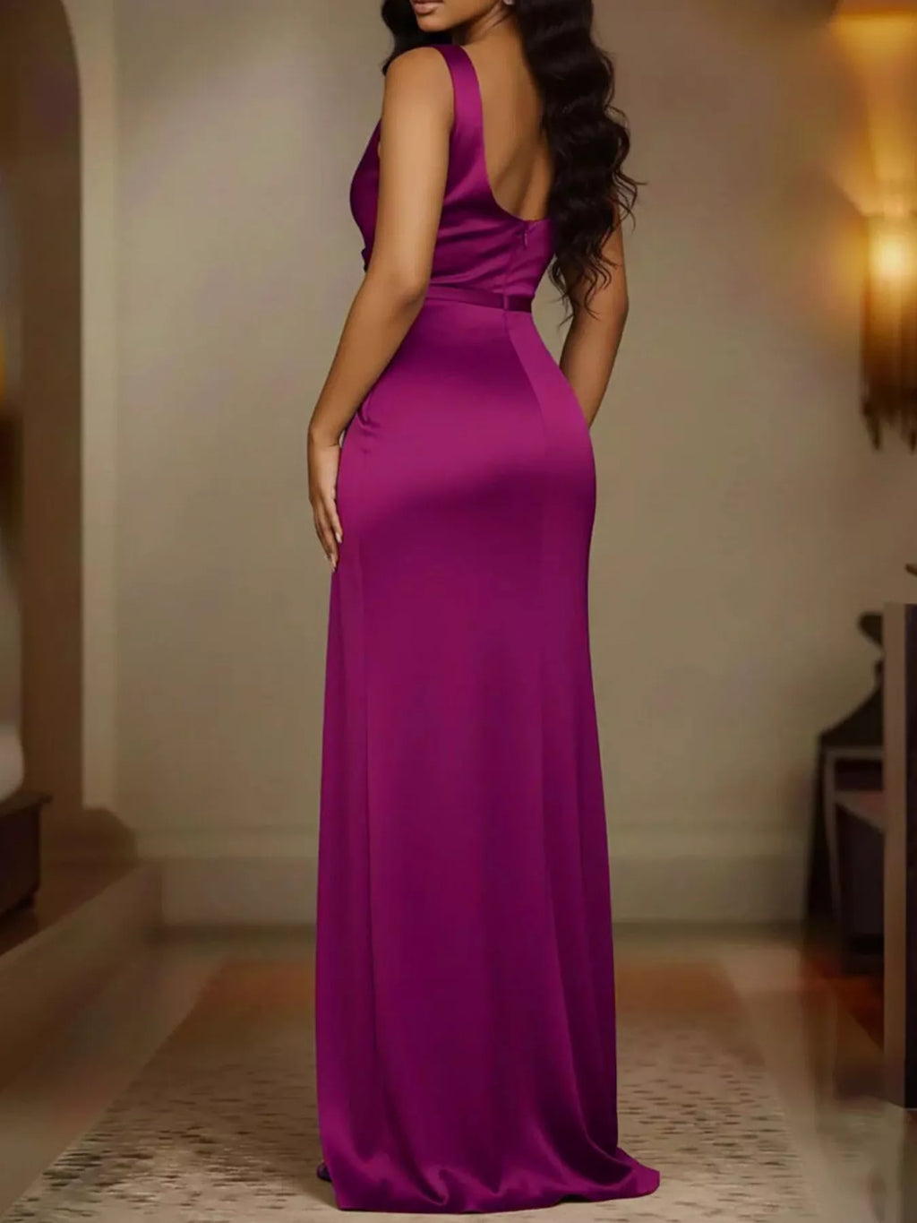 High slit satin maxi dress styled look