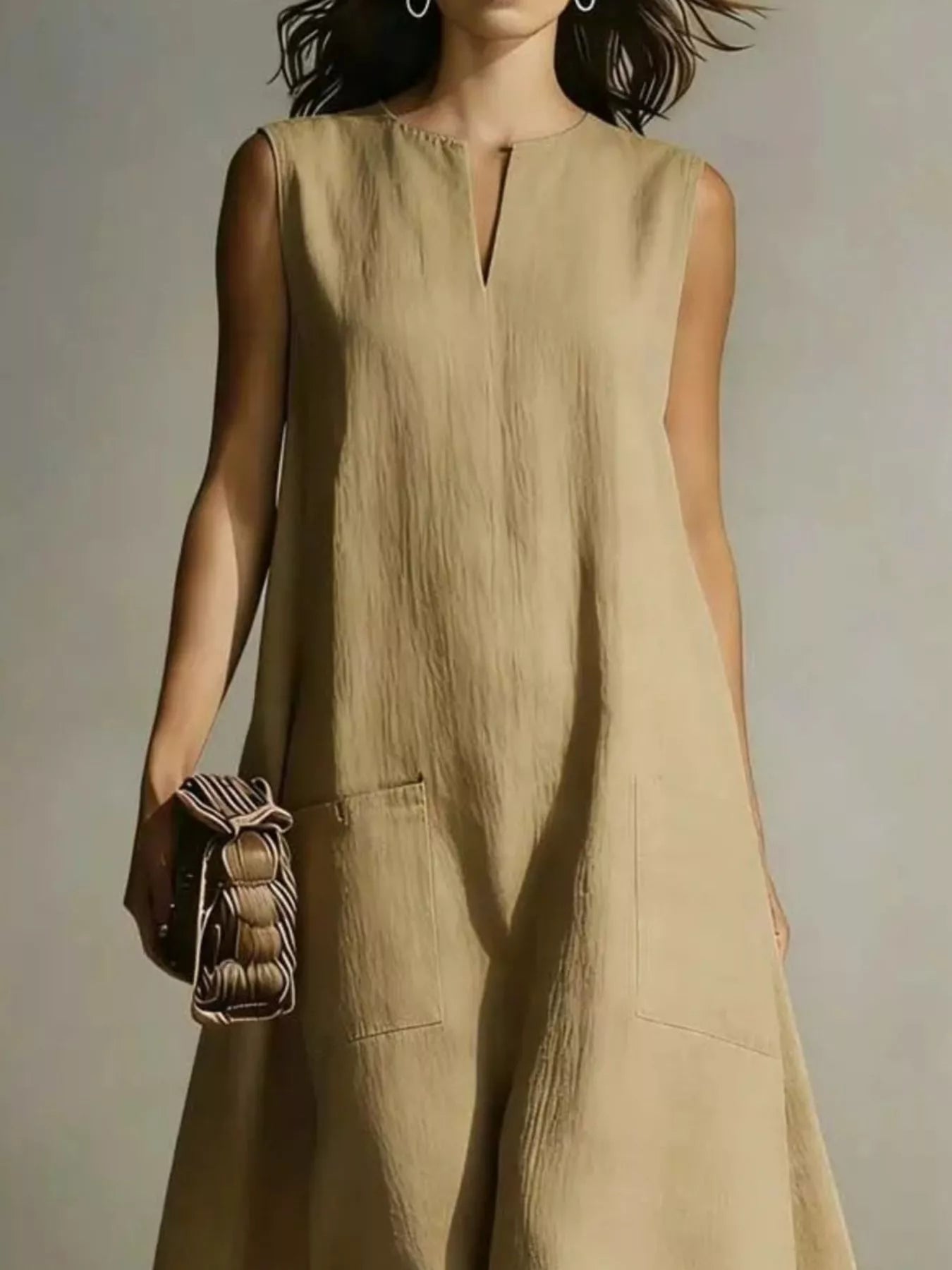 Notched neck maxi dress in khaki styled look