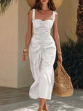 Ruched sweetheart neck midi dress front view in white