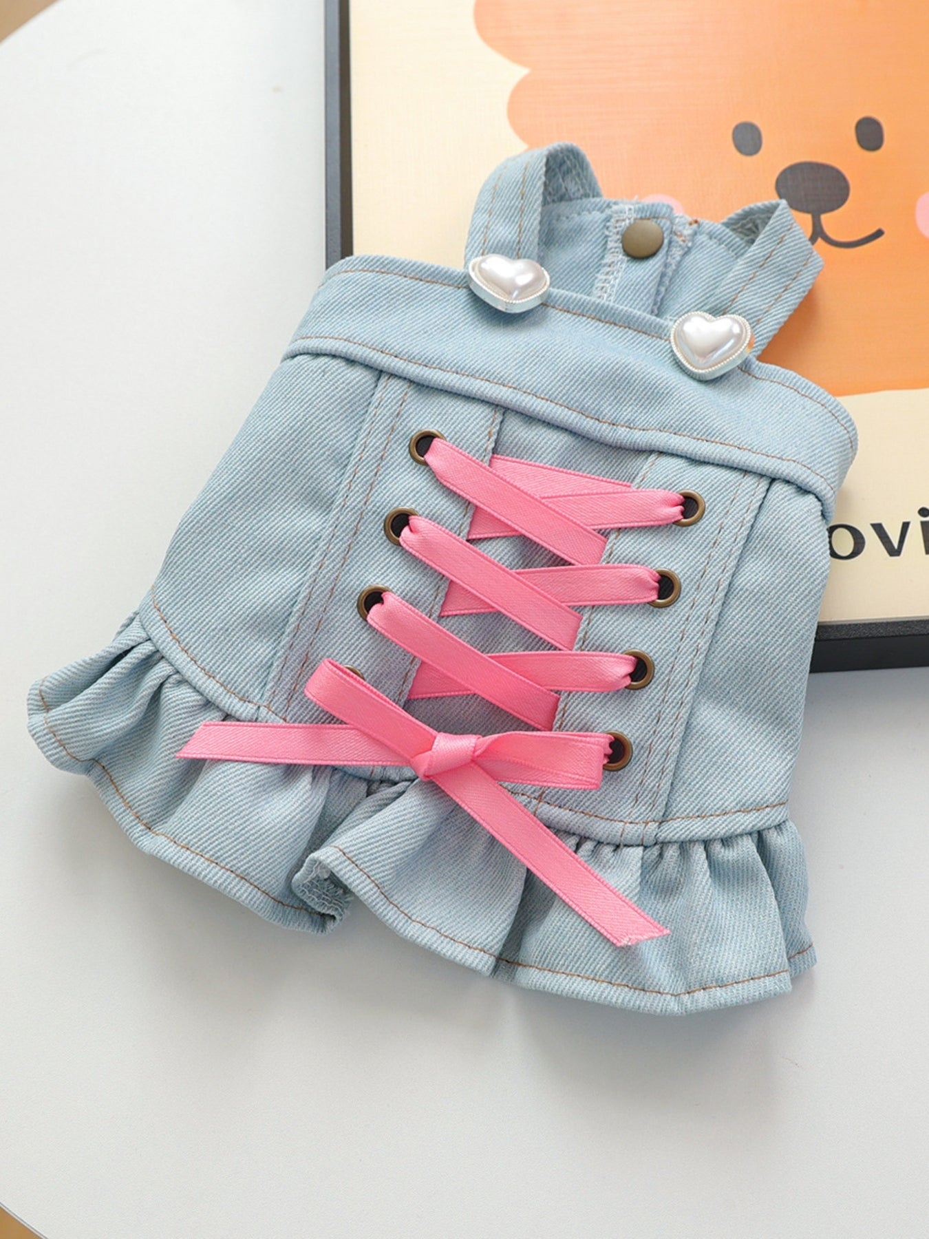 Denim pet dress lace detail back view