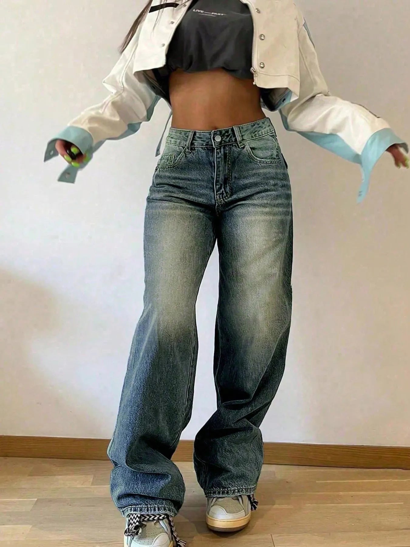 Blue vintage wash wide leg jeans back view