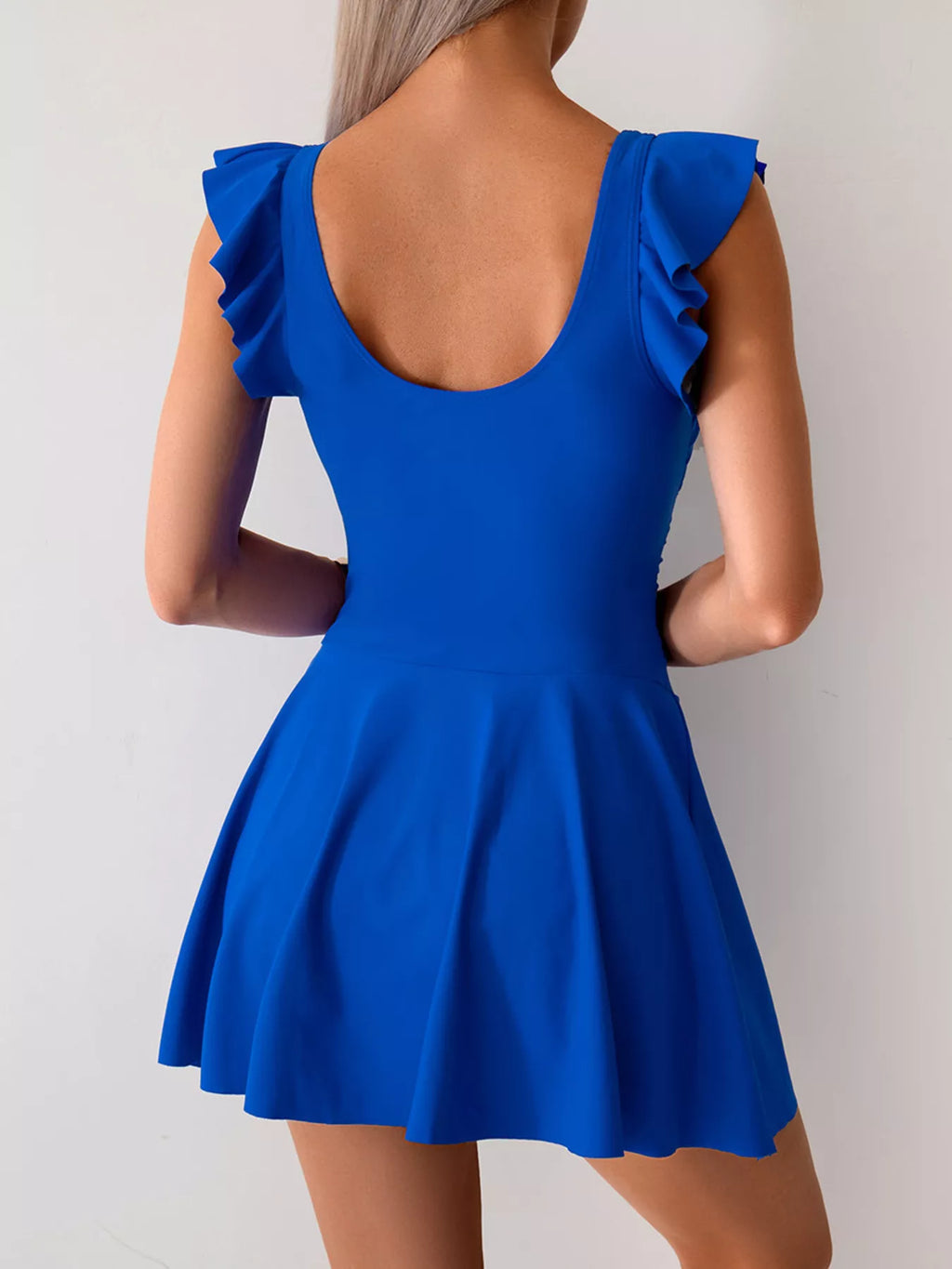 Brown swim dress ruffle sleeve front view