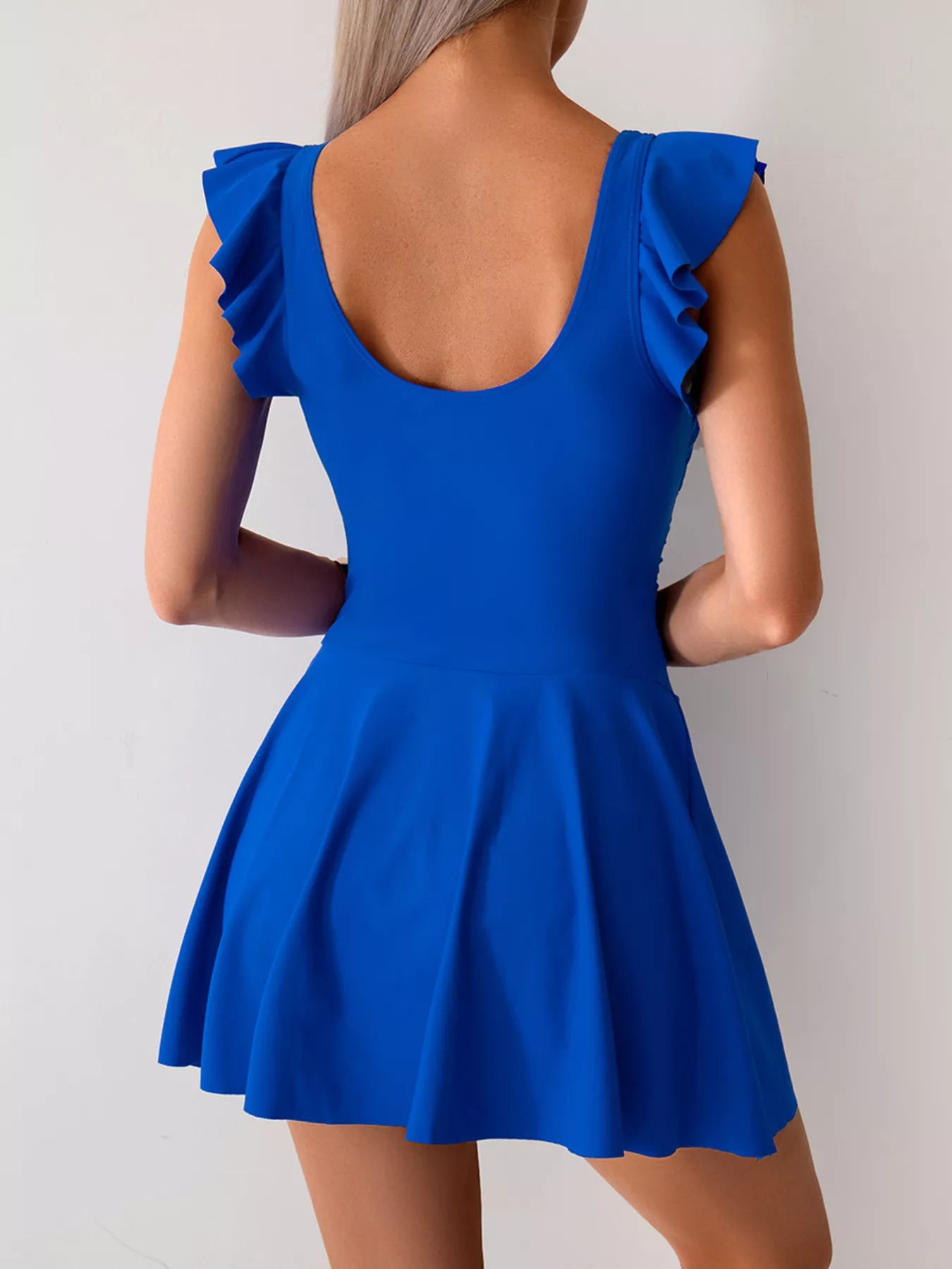 Brown swim dress ruffle sleeve front view