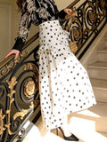 Beige polka dot ruffle midi skirt front view