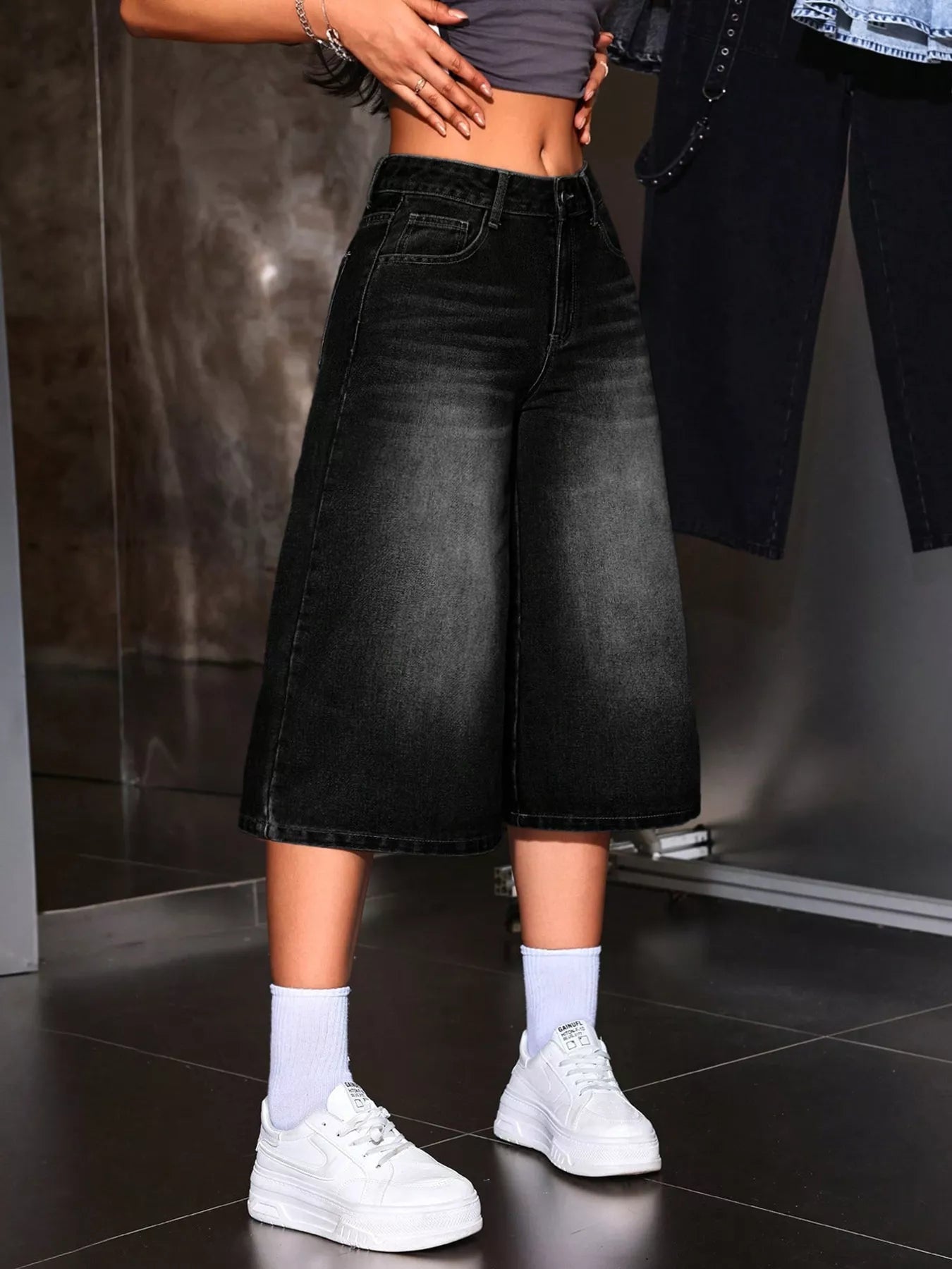 Black wide leg denim capri jeans back view