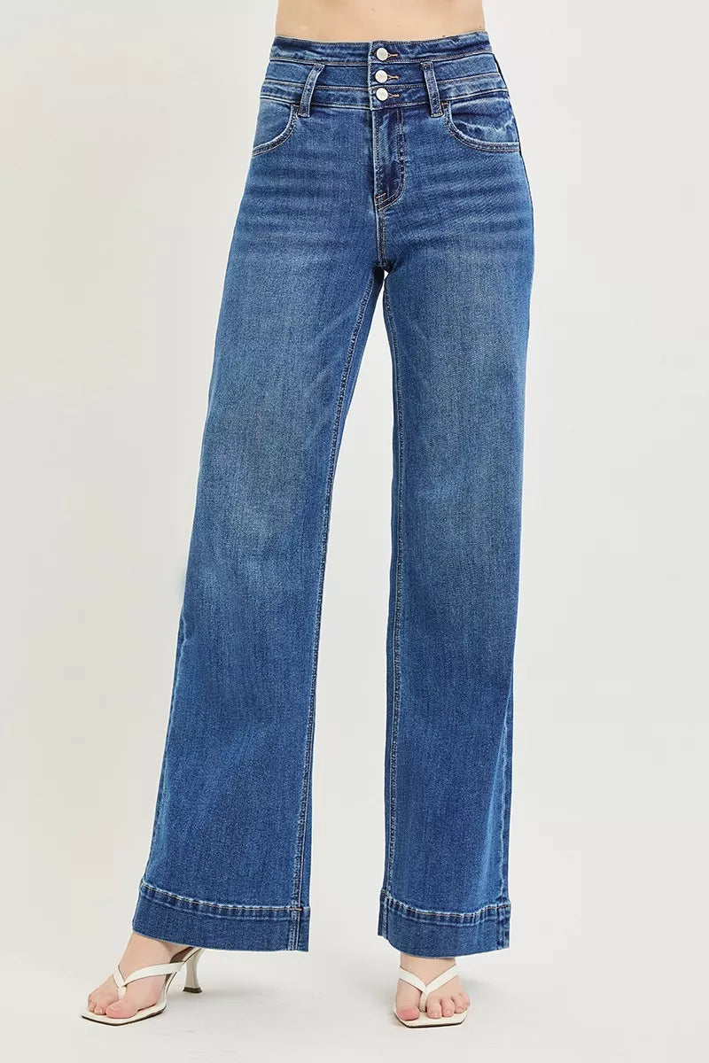 RISEN high rise wide leg jeans with wide band waist front view