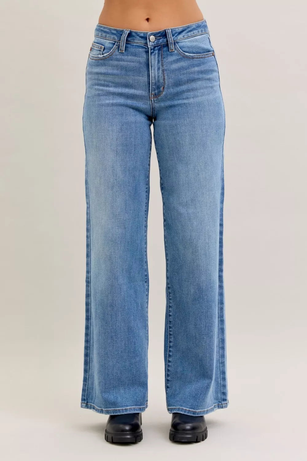 Judy Blue mid rise retro wide leg jeans front view
