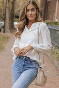 Openwork notched flounce sleeve blouse front view